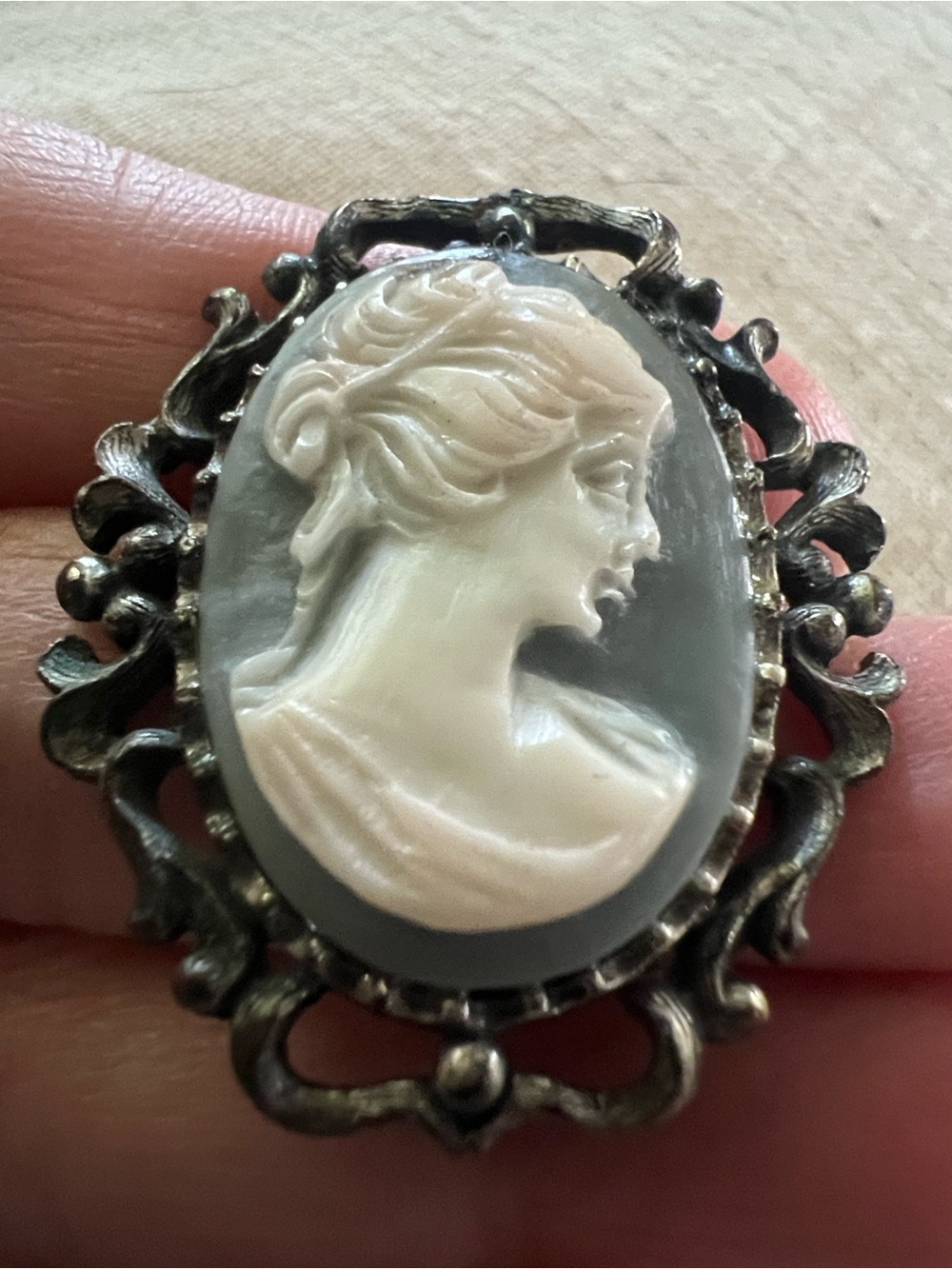 Vintage Victorian Style White and Gray Cameo Brooch